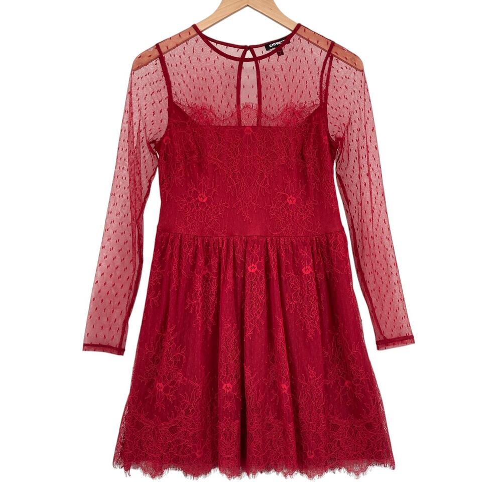 Express Red Lace Mesh Dress 8 Women's Long Sleeve Sheer Party Cocktail